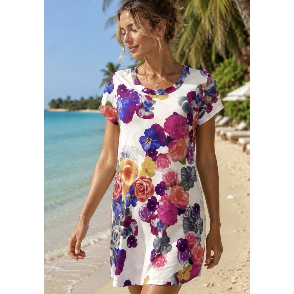 Angie Floral Tropical Resort Mini Shift Sun Dress Size L Beach Bloom Resort Vaca